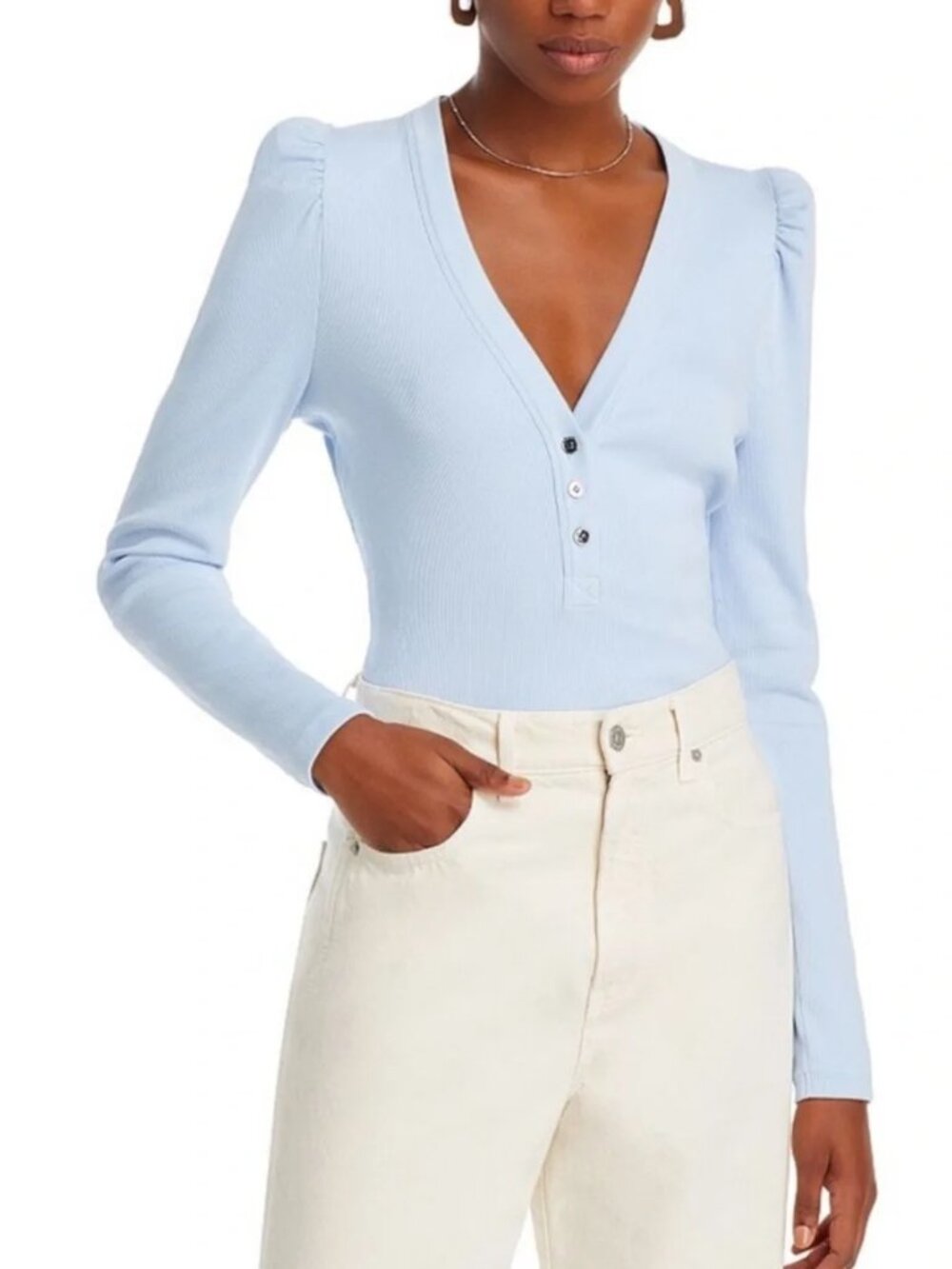 Veronica Beard Dekalb Ribbed Puff-Sleeve Top in Ice Blue M